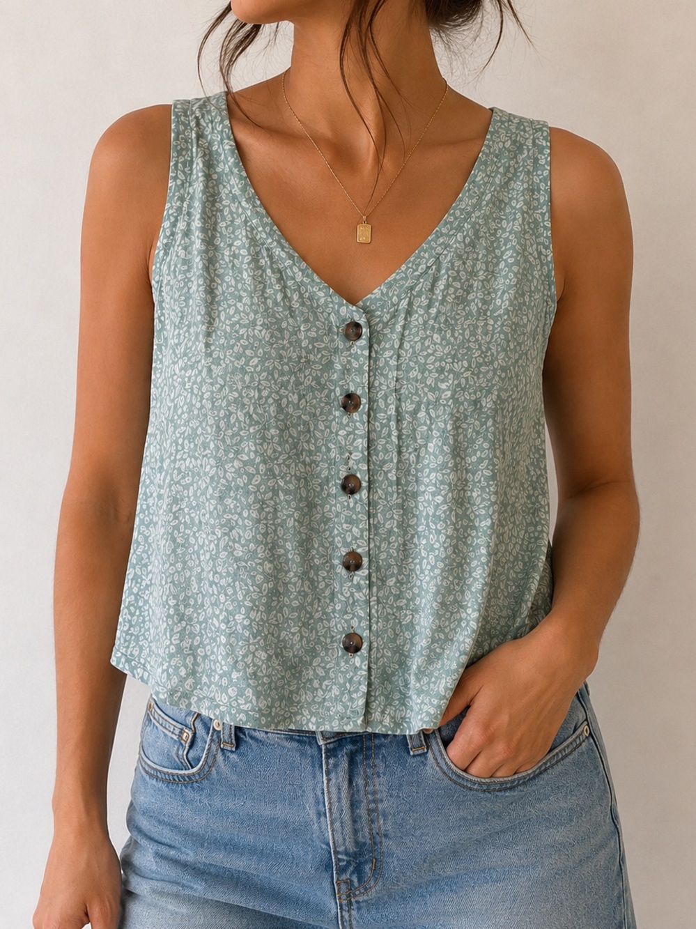 Esprit Sage Green Teal Floral Button Front Tank Top Blouse Cottagecore Flowy